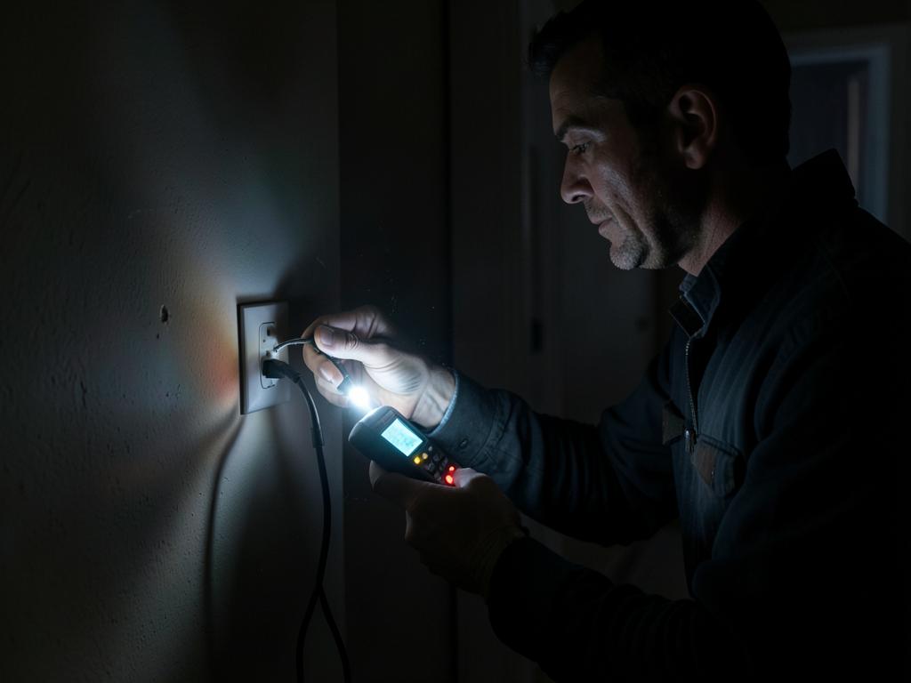 Electrician testing a wall outlet with a multimeter during an emergency call