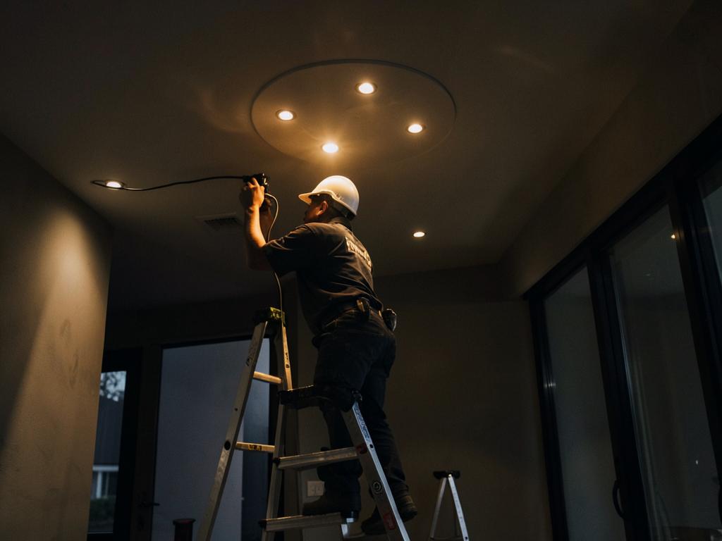 Electrician on a ladder installing recessed ceiling lighting in a home